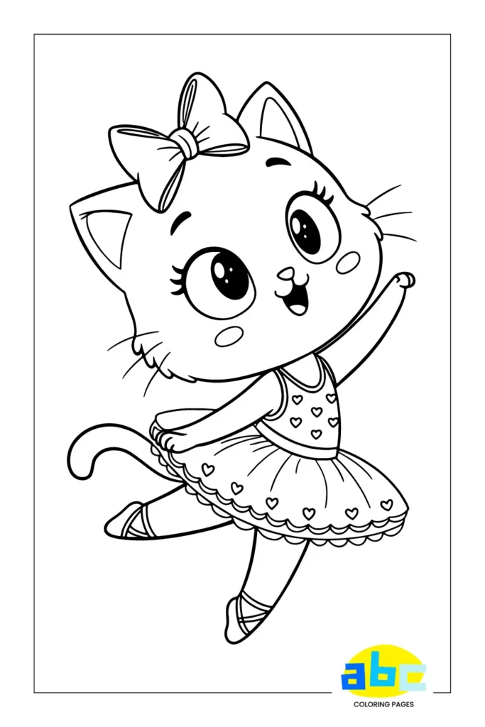 Ballerina cat coloring page featuring a cute kitten with big expressive eyes, dancing in a heart-patterned tutu with a bow on her head, designed for kids to color in black and white line art