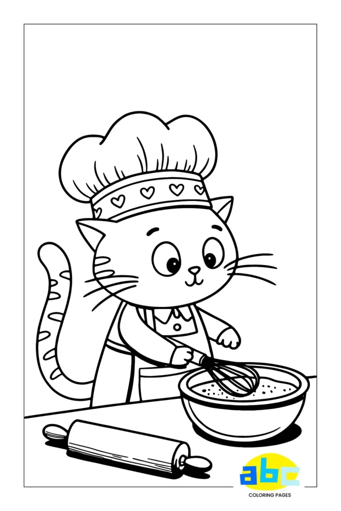 Cat chef coloring page featuring a cute kitten with big eyes, wearing a chef's hat and apron, whisking in a bowl and rolling pin, designed for kids to color in black and white line art.