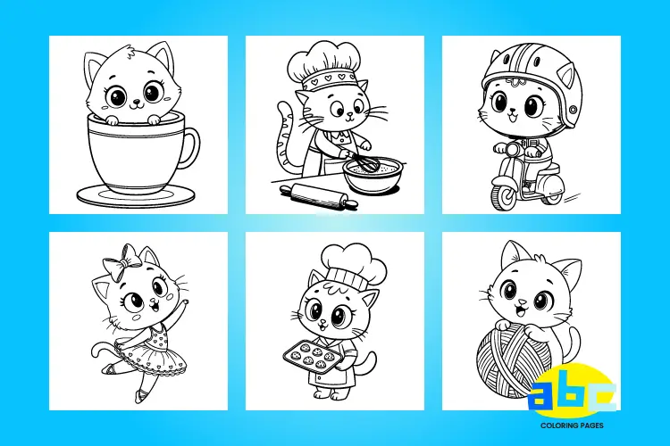 cat coloring pages collection featuring various designs like kittens, realistic cats, and playful scenes, ready for free download and coloring.
