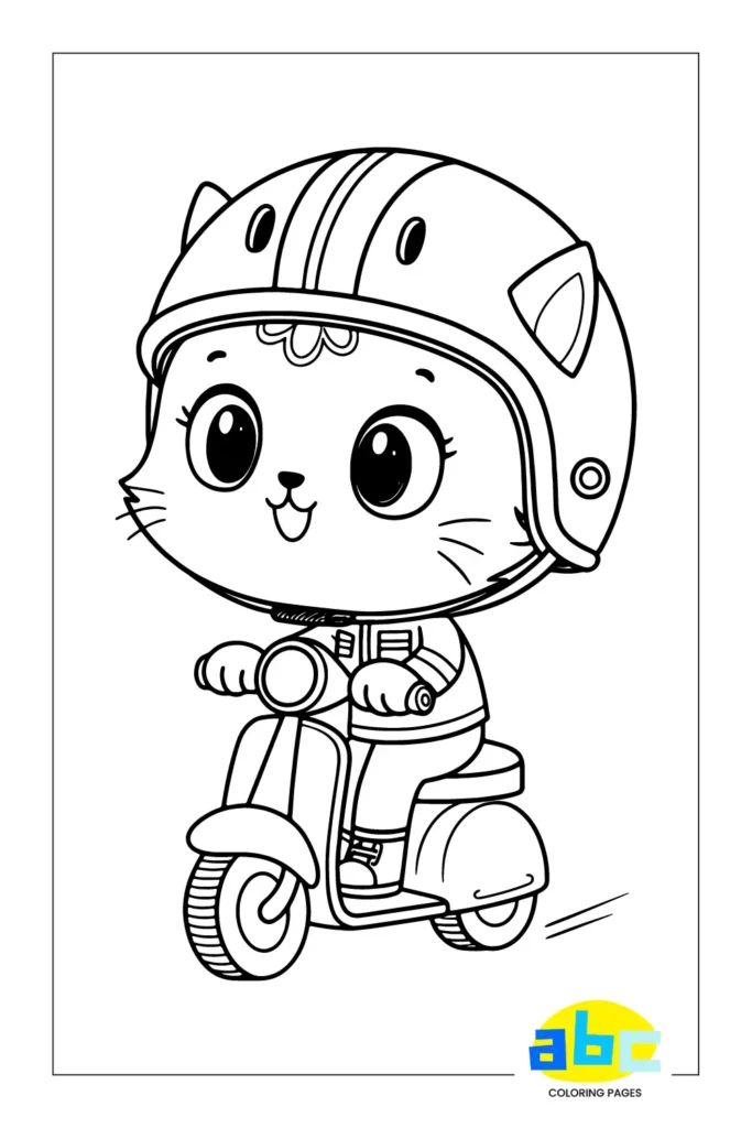 Cat coloring page featuring a cute kitten with big eyes, wearing a helmet and riding a scooter, designed for kids to color in black and white line art with a playful, kawaii style.
