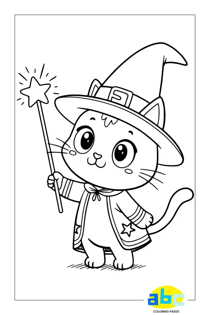 Kitten coloring page featuring a cute cat with big eyes holding a heart, surrounded by multiple heart shapes, designed for kids to color in black and white line art with a kawaii style and love theme.