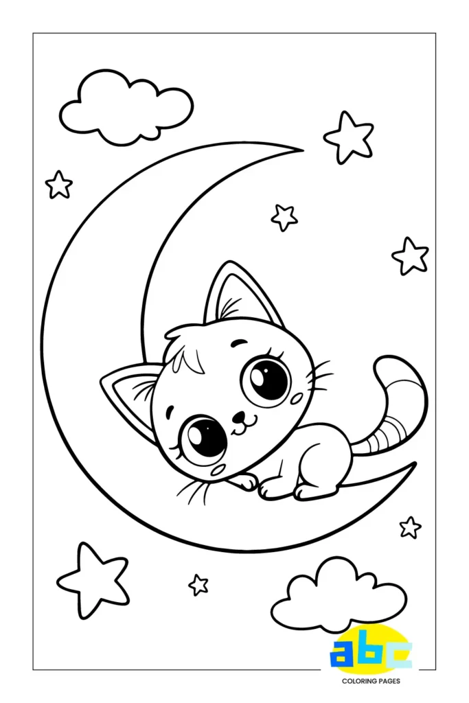 Kitten resting on a crescent moon coloring page with a dreamy night sky, stars, and clouds, featuring a cute cat with big eyes and an adorable expression, designed for kids to color in black and white line art with a kawaii style.
