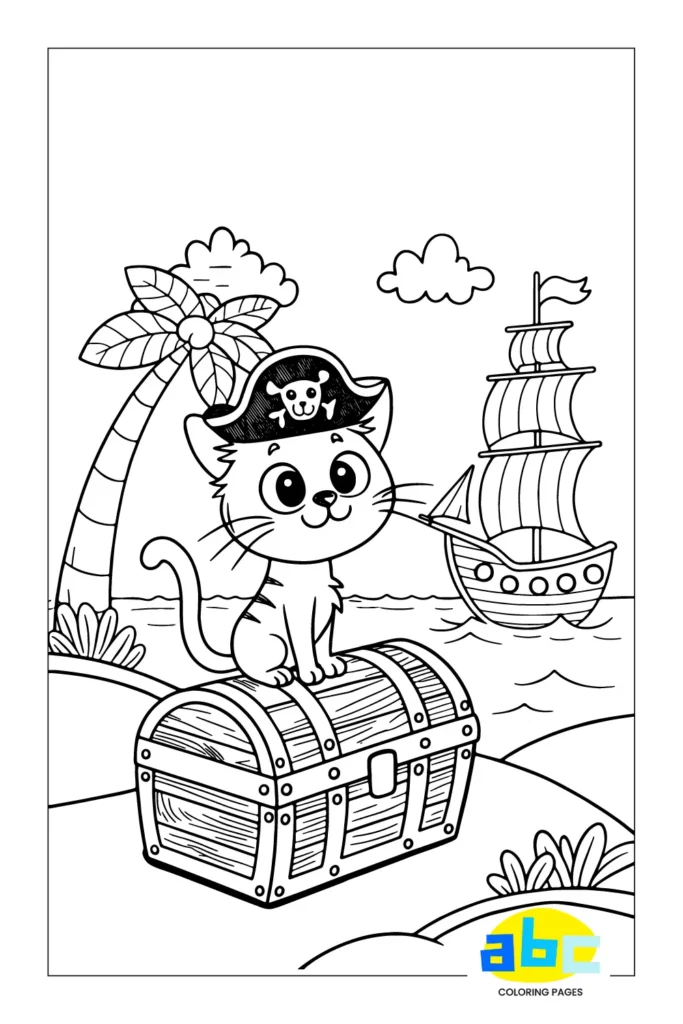 Pirate cat coloring page featuring a cute kitten with big eyes, wearing a pirate hat, near a treasure chest, palm tree, and pirate ship on a tropical island with ocean waves and fluffy clouds, designed for kids to color in black and white line art.