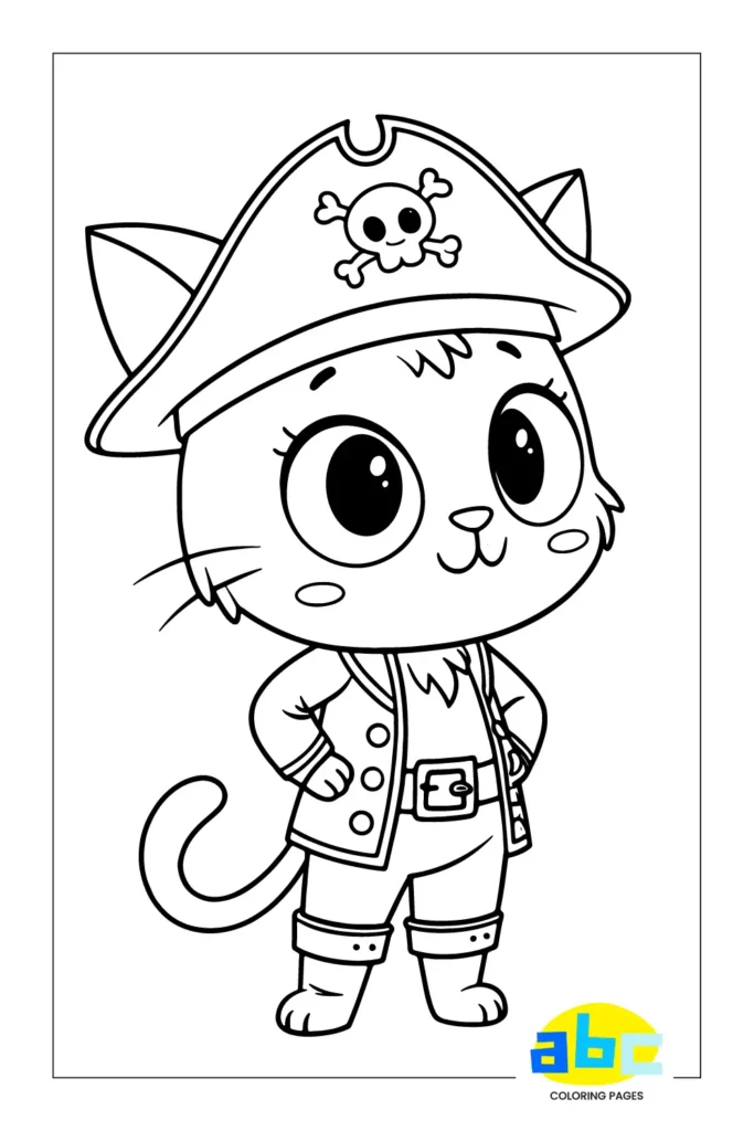 Pirate cat coloring page featuring a cute kitten with big eyes, wearing a pirate hat with a skull and crossbones, jacket, boots, and belt buckle, designed for kids to color in black and white line art with a playful expression.