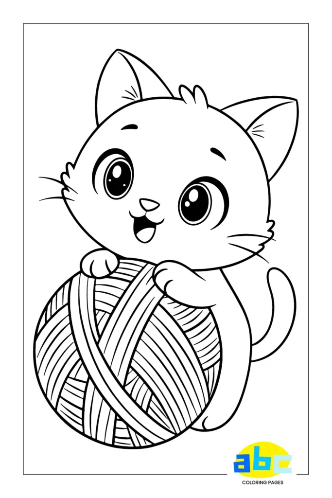 Playful kitten coloring page featuring a cute cat with large expressive eyes, a yarn ball, and a cheerful smile, designed for kids to color in black and white line art with a kawaii aesthetic