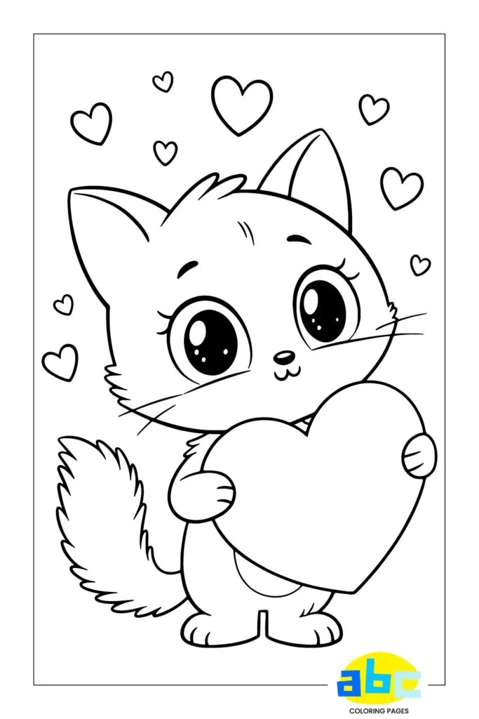 Kitten coloring page featuring a cute cat with big eyes holding a heart, surrounded by multiple heart shapes, designed for kids to color in black and white line art with a kawaii style and love theme.