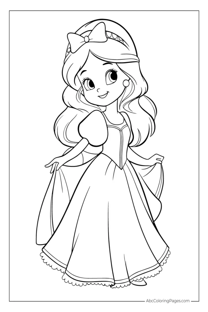 Cute princess coloring page with long dress and bow for children