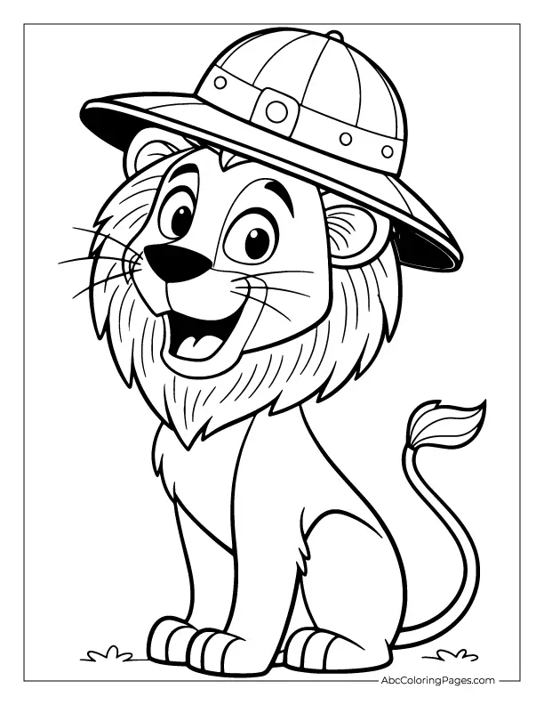 Printable lion with safari hat – great for jungle adventure coloring fun
