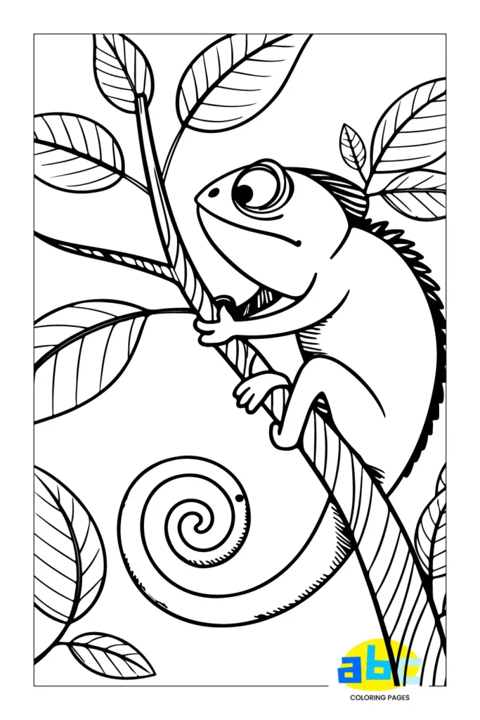 Chameleon coloring page, cute reptile with curly tail, kids’ printable.