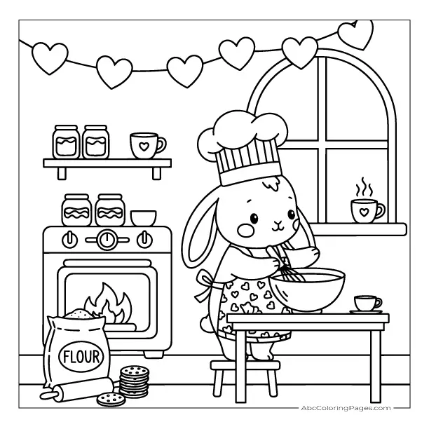 Cozy Aesthetic Rabbit Baking Coloring Page – Printable Art for Kids 1