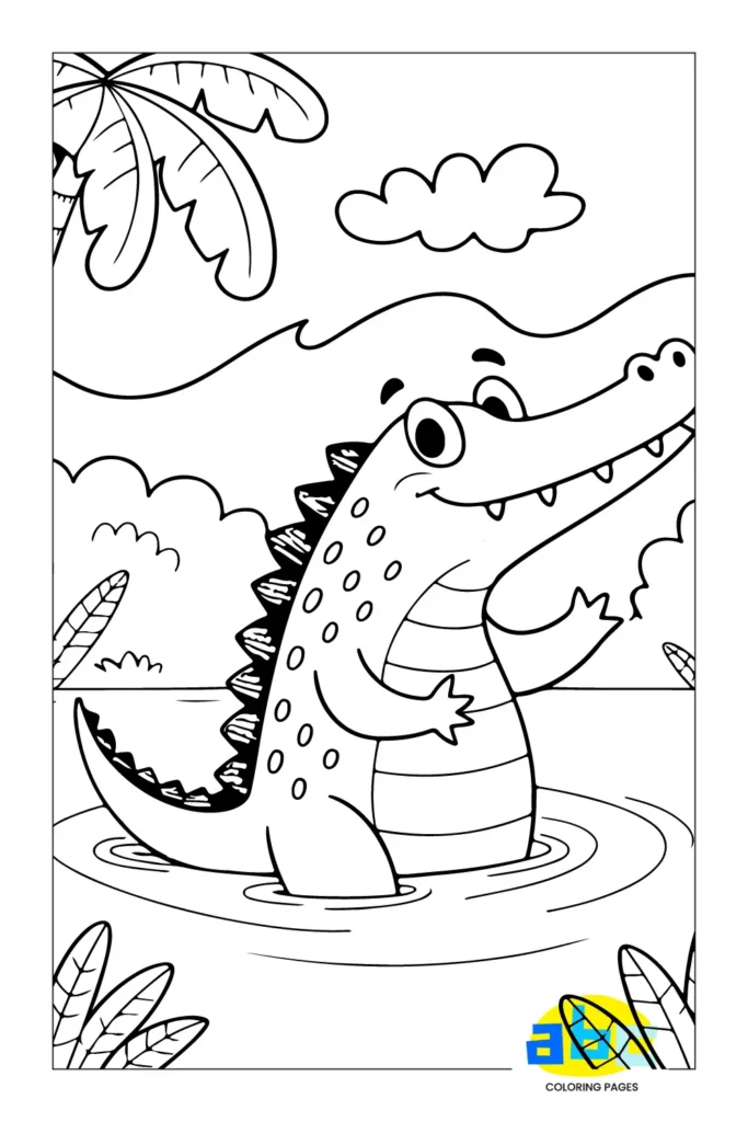 Crocodile coloring sheet, toothy reptile with scales, easy outlines.