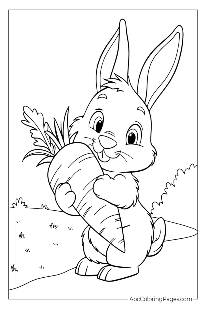 Simple coloring page for kids featuring a cute bunny holding a big carrot, perfect for easy and fun coloring activities.