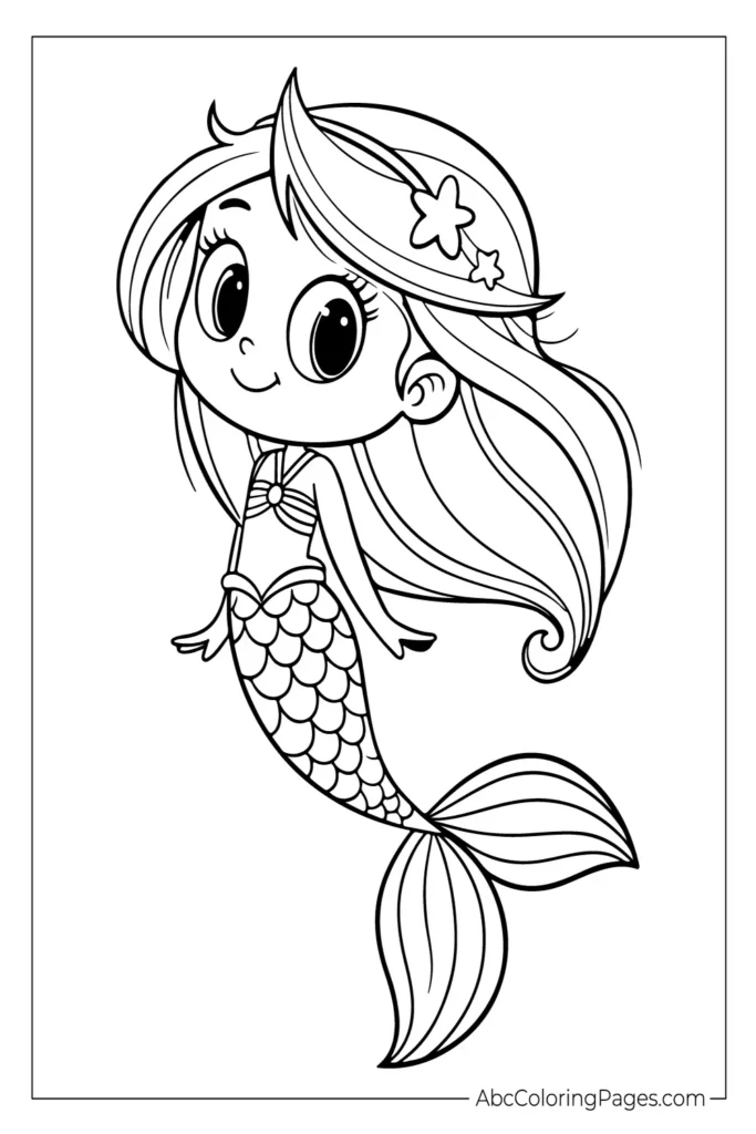Simple mermaid coloring page for kids showing a smiling mermaid with long hair and a seashell crown.