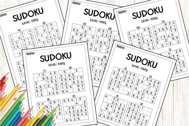 Preview of 5 easy sudoku for kids 6x6 printable puzzle sheets in a colorful layout