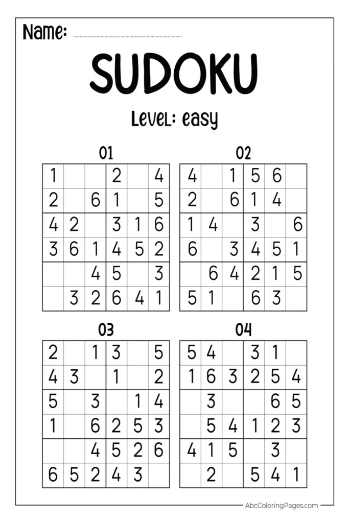Easy sudoku for kids 6x6 printable puzzle sheet number 1 with simple layout