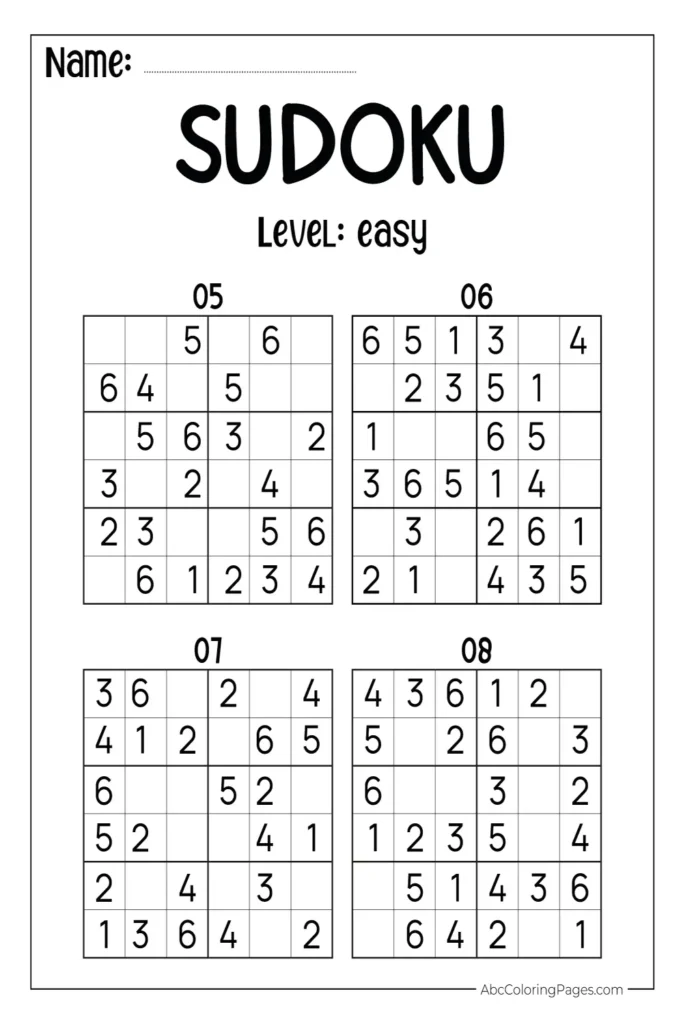 Free easy sudoku for kids 6x6 puzzle sheet number 2 ideal for beginners