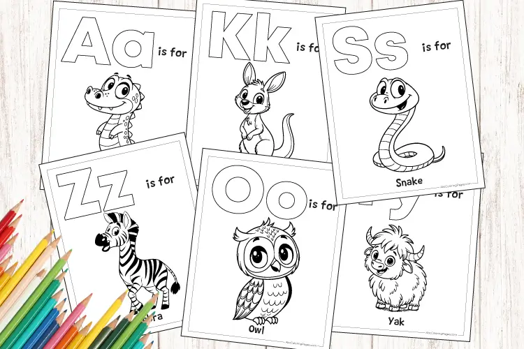 Preview of printable ABC coloring pages featuring letters A to Z with fun animal designs for kids