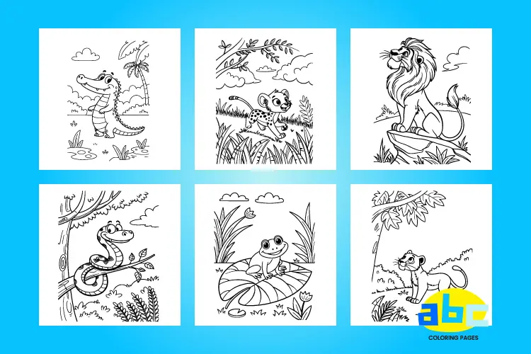 A collection of six jungle animals coloring pages for kids, featuring a crocodile, cheetah, lion, snake, frog, and panther in a fun and friendly cartoon style.