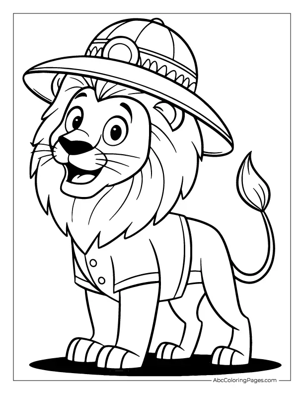 Adventurous lion with safari hat – fun coloring sheet for kids