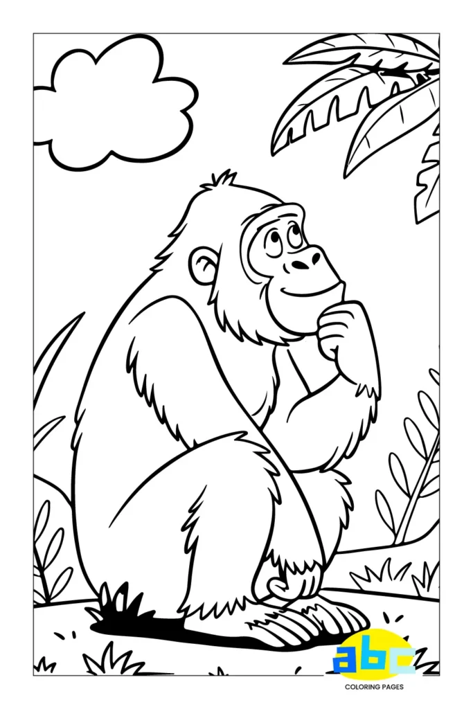 Gorilla coloring sheet, strong ape in thinking pose, easy for kids.