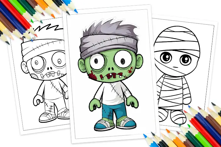 Cute Halloween coloring pages featuring cartoon zombie and mummy characters in black and white outline, ready for kids to color.