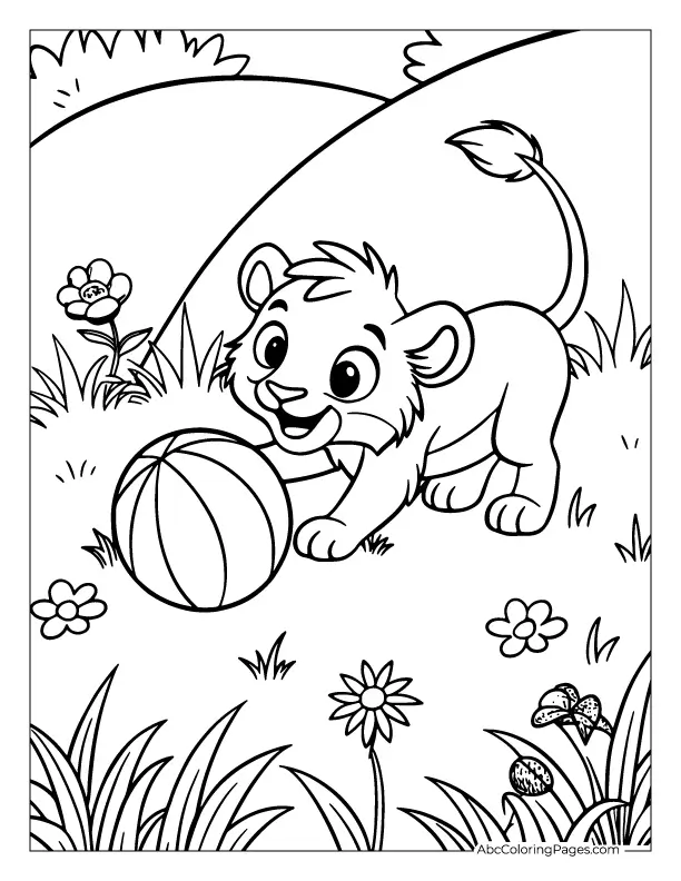 Happy lion cub playing – free printable coloring page for kids