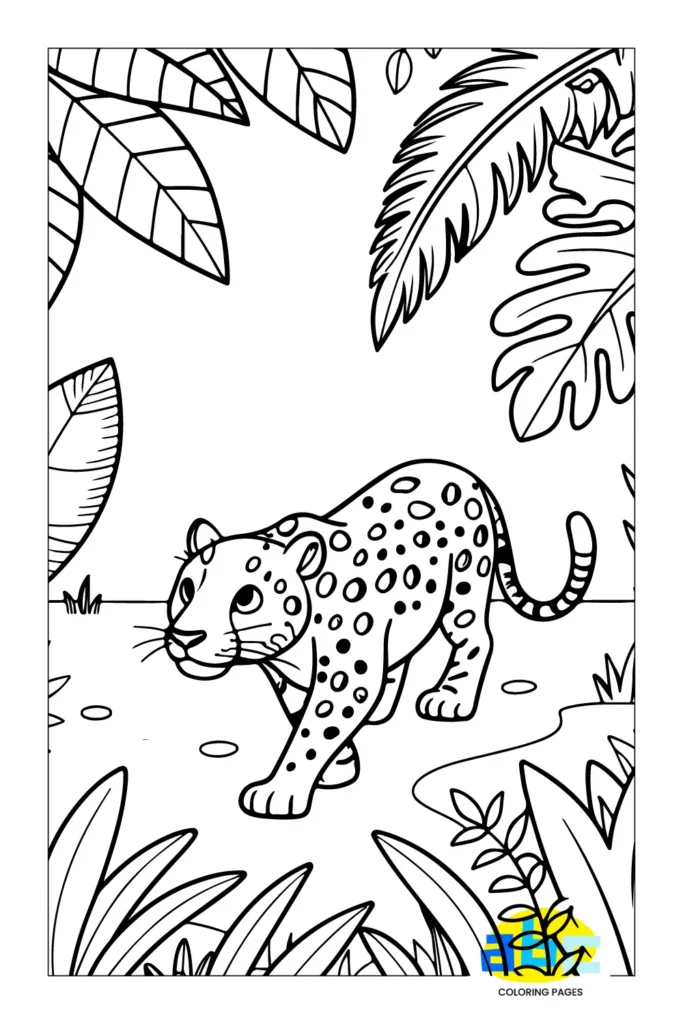 Jaguar coloring sheet, spotted wild cat, simple outlines for kids.