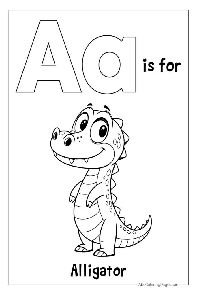 letter 'A' featuring a large uppercase letter A and a simple illustration of alligator