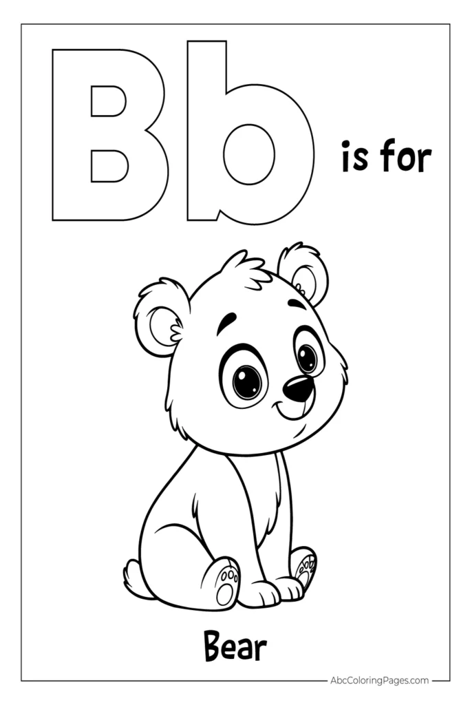 ABC coloring page for letter A – cartoon alligator with big eyes under large Aa letters, fun and simple for kids to color