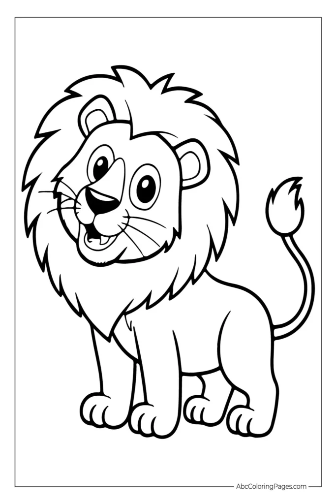 Black and white cartoon illustration of a smiling lion with a fluffy mane, standing upright and facing forward, designed as a printable coloring page for kids.