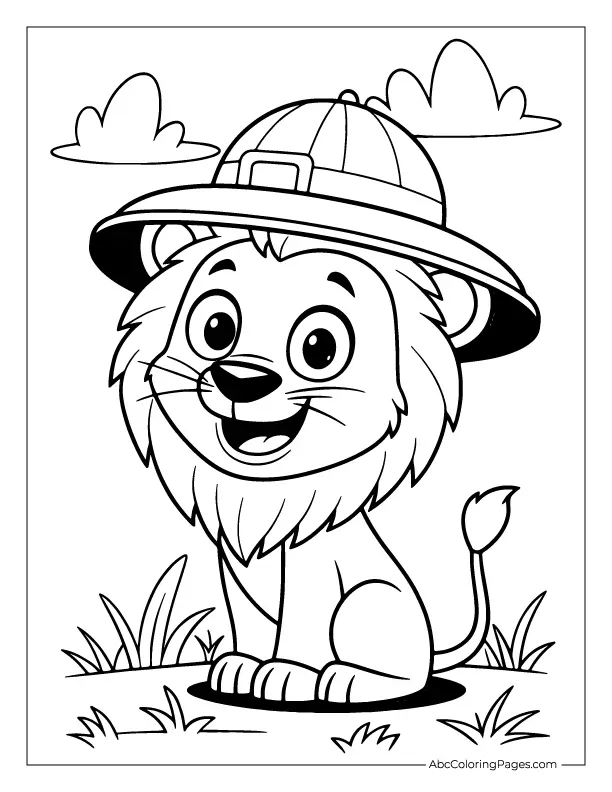 Cartoon lion wearing a safari hat – free printable coloring page