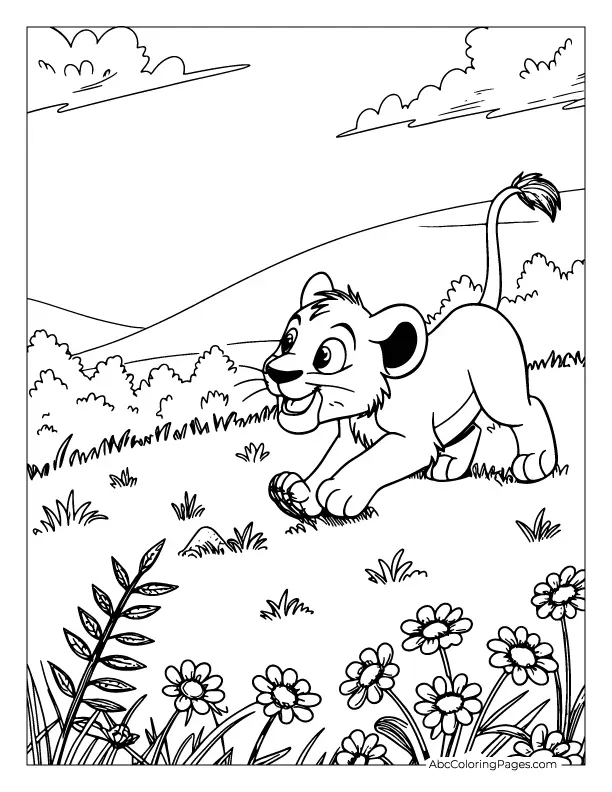 Cute baby lion cub playing – fun coloring sheet to download