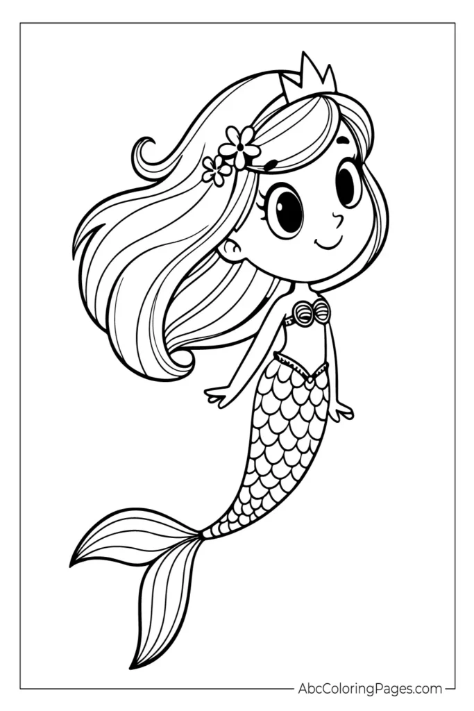 Easy mermaid coloring page for kids with a playful mermaid sitting on a rock by the sea