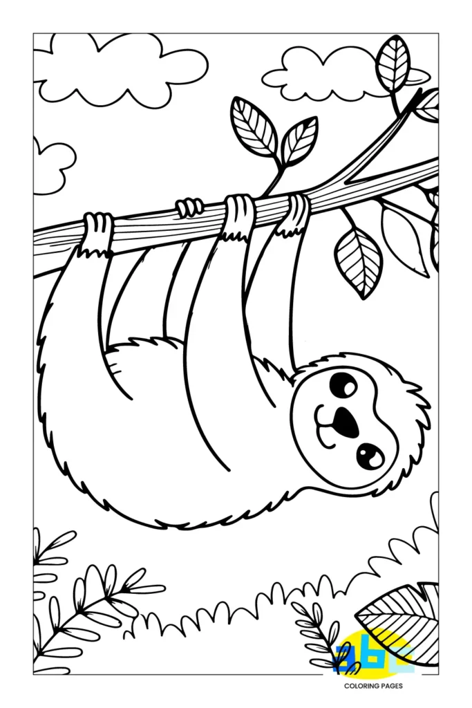 Cute sloth coloring page, slow animal on a branch, printable for kids.