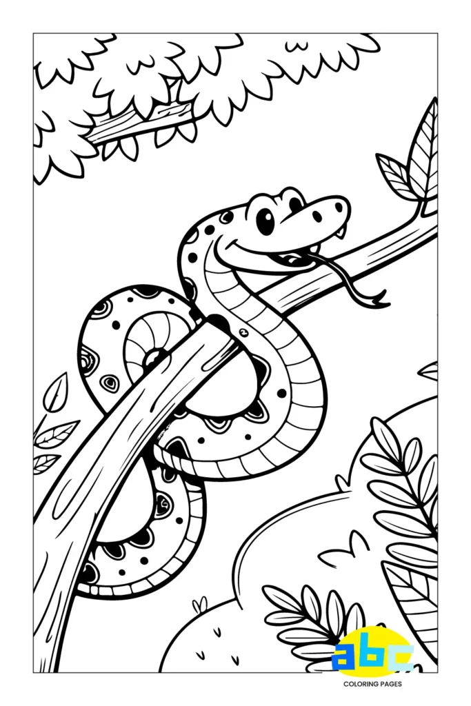 Snake coloring sheet for kids, coiled reptile with simple outlines.