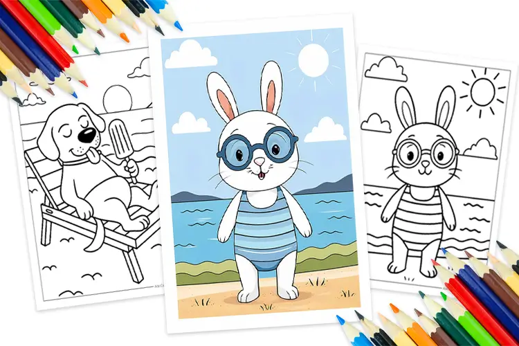 Printable summer coloring pages for kids featuring beach, sun, and fun activities