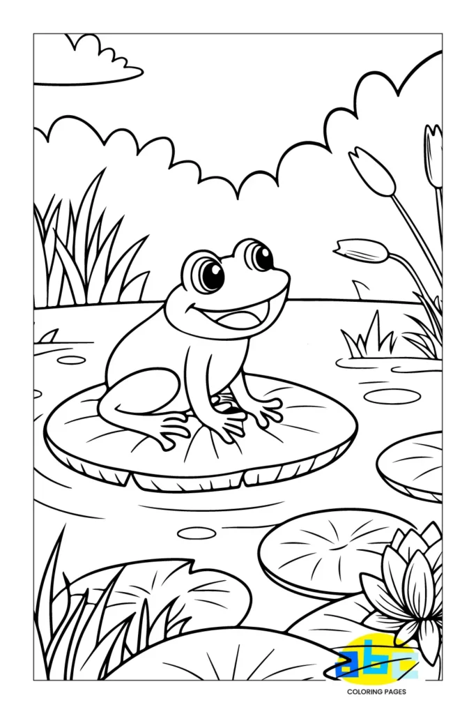Tree frog coloring page, happy jungle frog, simple outlines for kids.