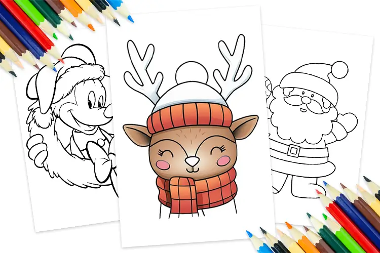 Preview of Christmas coloring pages for kids featuring a reindeer in a winter hat, Santa Claus, and a festive cartoon character, surrounded by colored pencils
