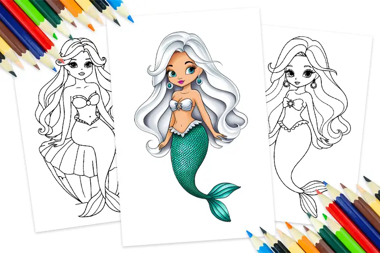 Preview of mermaid coloring pages featuring a cute mermaid with flowing hair, underwater elements like seashells and fish, perfect for kids to enjoy coloring