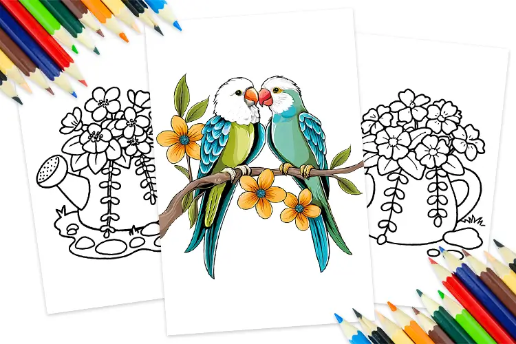 Coloring page preview featuring two colorful lovebirds on a branch with spring flowers, surrounded by black-and-white printable flower pots, perfect for spring-themed coloring activities