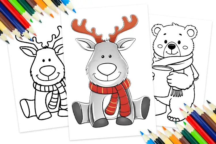 Winter Coloring Pages: How to Make Cold Days Creative 3 Preview of winter coloring pages featuring a cute reindeer with a scarf and a cozy bear holding a cup, perfect for kids to color during the holiday season