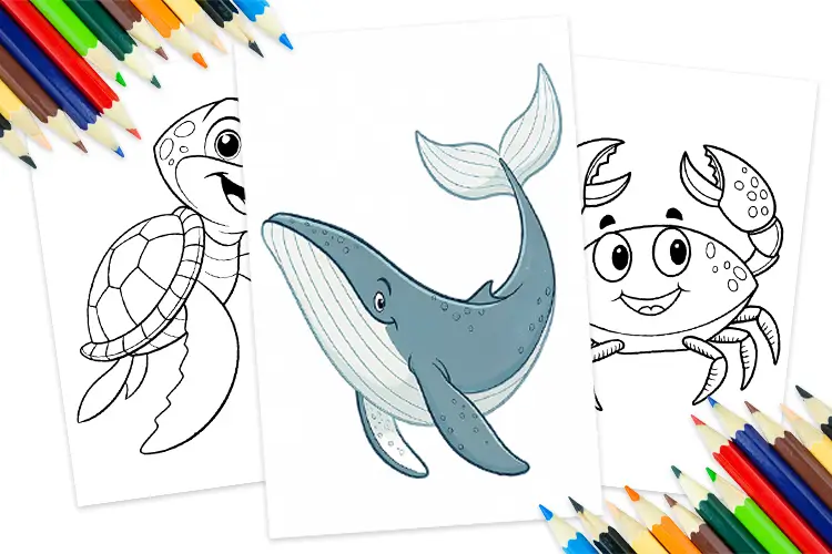 Preview of sea animals coloring pages for kids featuring a smiling turtle, a happy whale, and a cheerful crab, surrounded by colored pencils