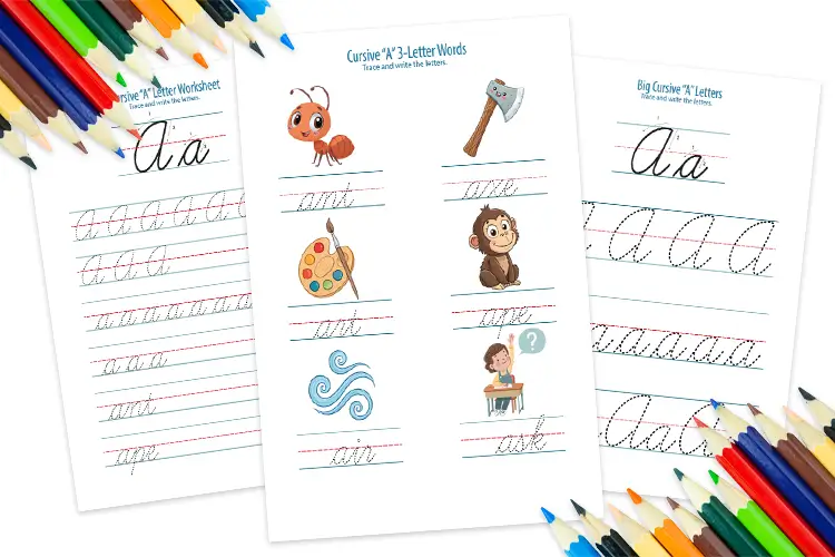 Download 7-page A in cursive worksheet pack – printable PDFs for kids learning cursive handwriting