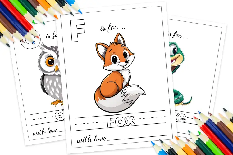 Preview of ABC coloring pages for kids featuring F is for Fox, O is for Owl, and S is for Snake — fun and educational animal-themed worksheets with tracing lines and cute illustrations.