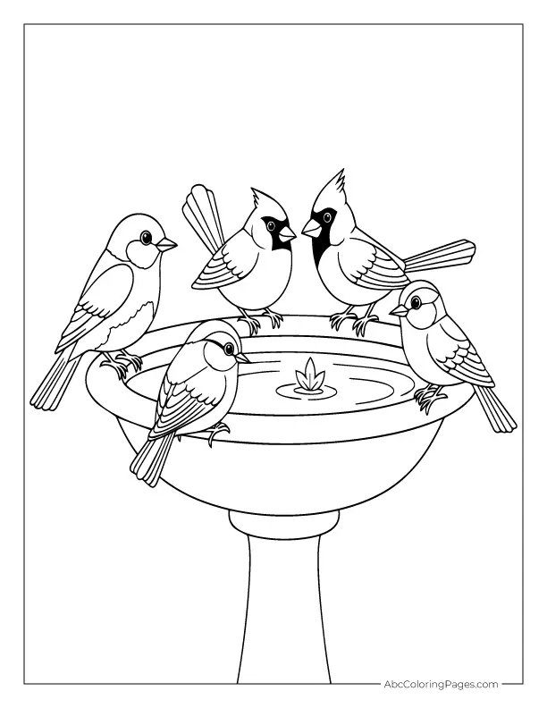birds at bird bath coloring page