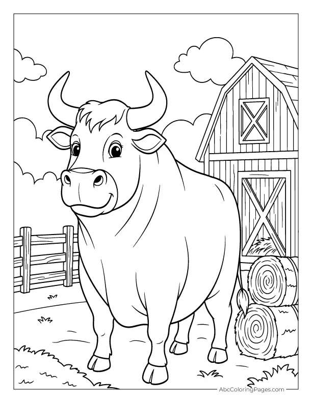 bull next to barn cartoon-style coloring page