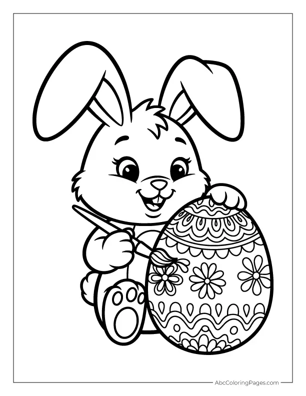 Easter bunny coloring page painting a decorated egg free printable PDF download