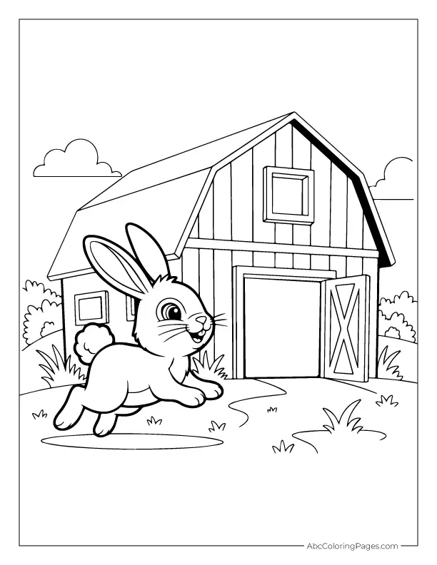 rabbit near barn farm scene coloring image