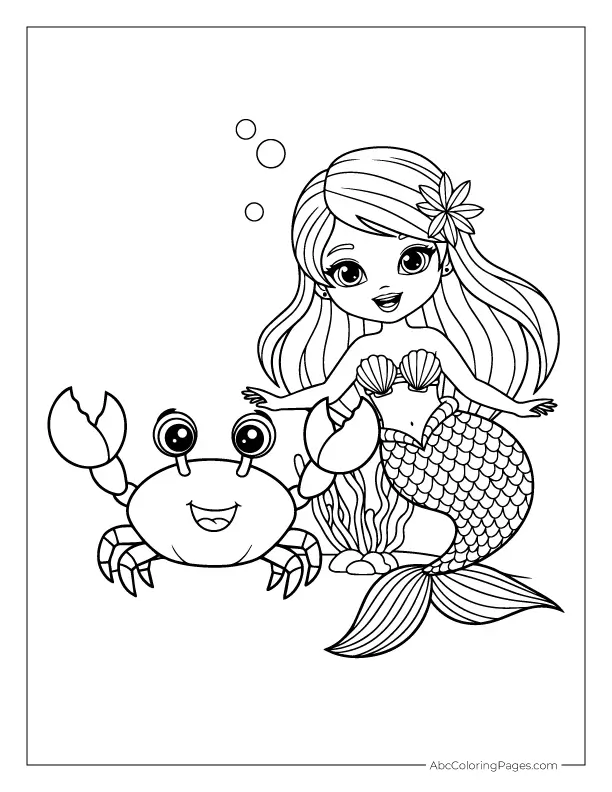 Cartoon mermaid and crab underwater coloring sheet