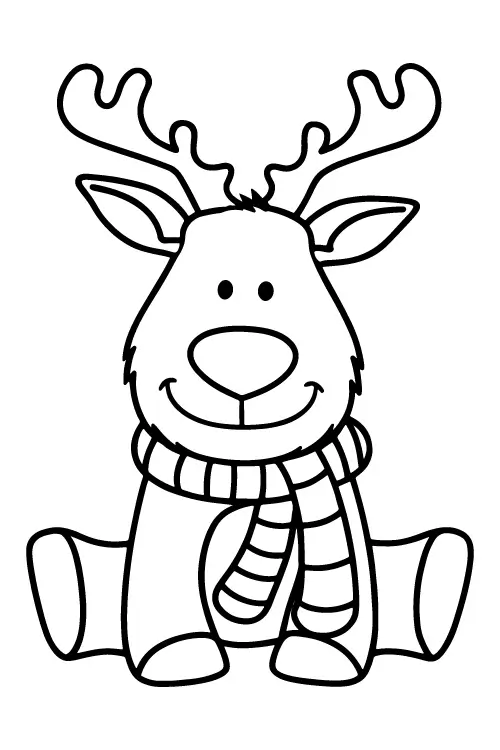 Black and white line art coloring page of a cartoon reindeer sitting with bent legs, wearing a striped scarf, with simple antlers, big eyes, and a friendly smile.